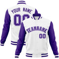 Custom White & Purple Color Block Cotton-Blend Full-Snap Varsity Jacket - front view