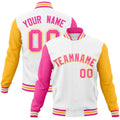 Personalized White & Pink & Gold Color Block Cotton-Blend Full-Snap Varsity Jacket - front view