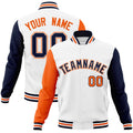 Personalized White & Navy & Orange Color Block Cotton-Blend Full-Snap Varsity Jacket - front view