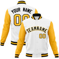 Custom White & Gold & Black Color Block Cotton-Blend Full-Snap Varsity Jacket - front view