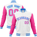 Custom White & Powder Blue & Pink Color Block Cotton-Blend Full-Snap Varsity Jacket - front view
