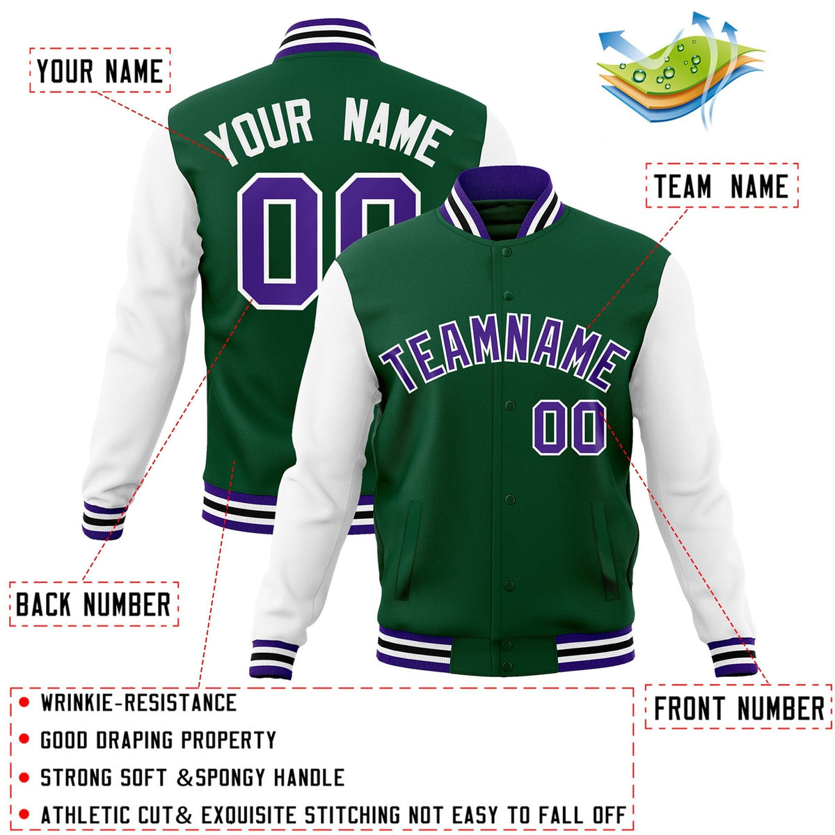 Custom Green Purple-White Varsity Jacket Full-Snap Embroidered Logo & Name Letterman