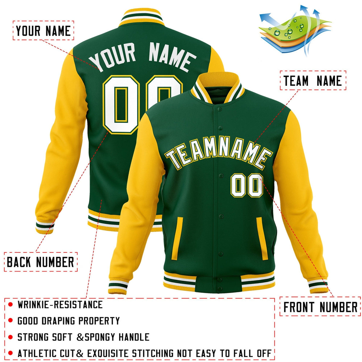 Custom Green White-Green Varsity Jacket Full-Snap Embroidered Logo & Name Letterman