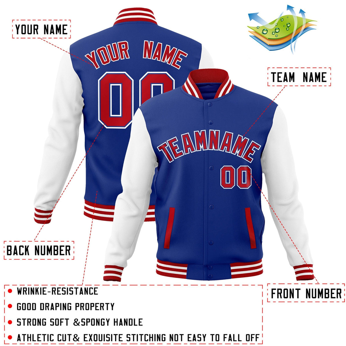 Custom Royal Red-Royal Varsity Jacket Full-Snap Embroidered Logo & Name Letterman