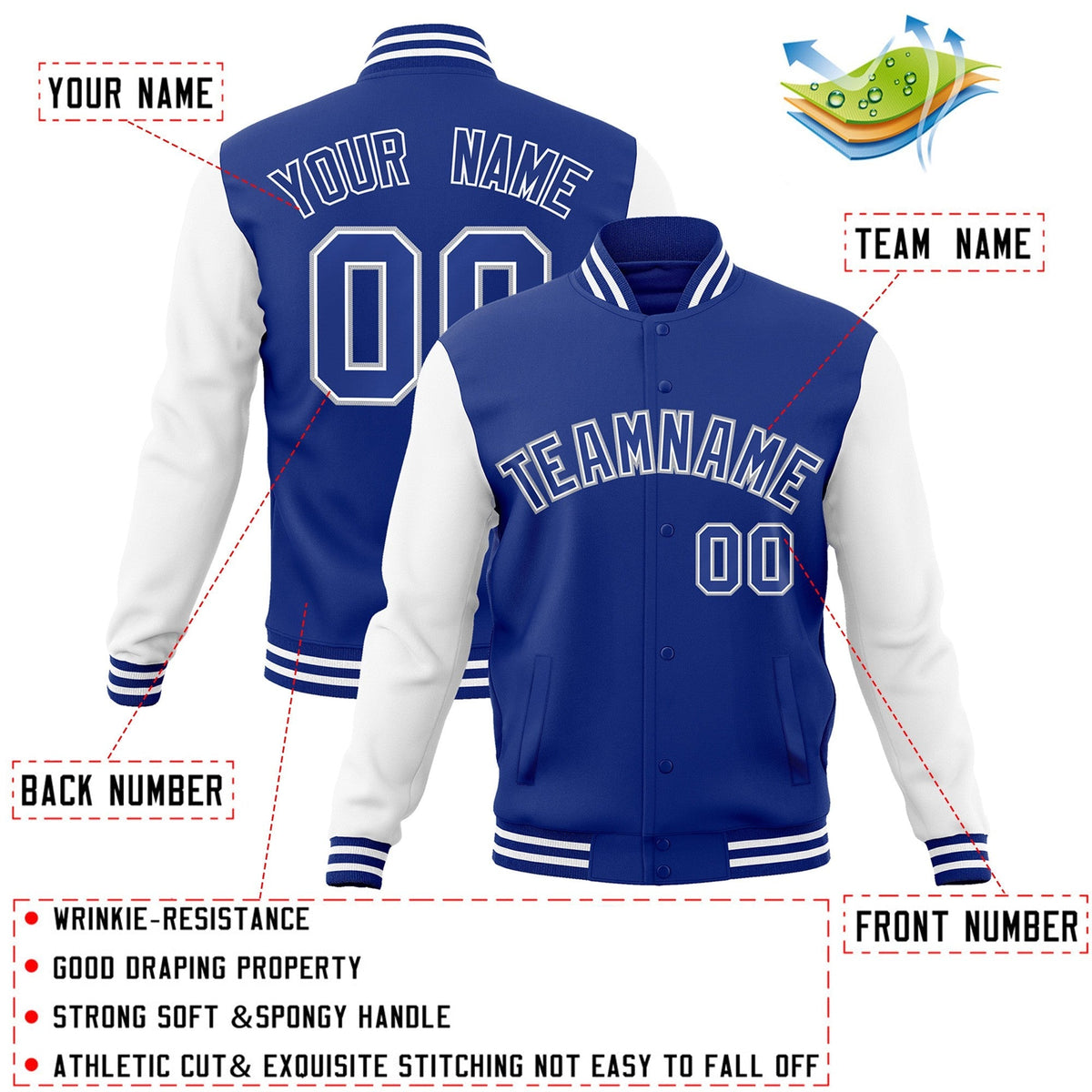 Custom Royal Royal-White Varsity Jacket Full-Snap Embroidered Logo & Name Letterman
