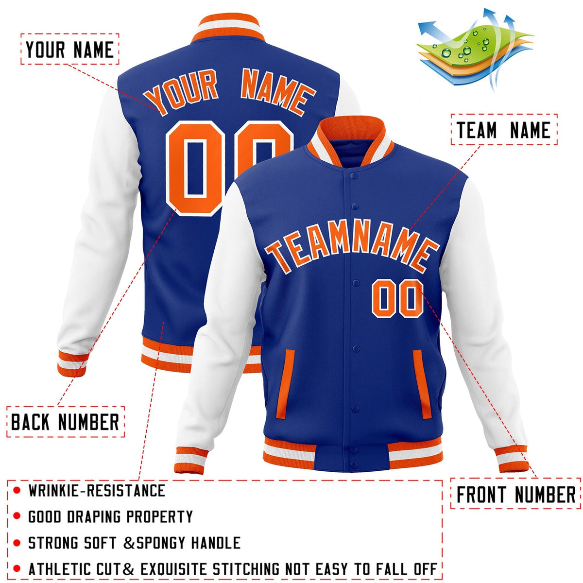 Custom Royal Orange-White Varsity Jacket Full-Snap Embroidered Logo & Name Letterman