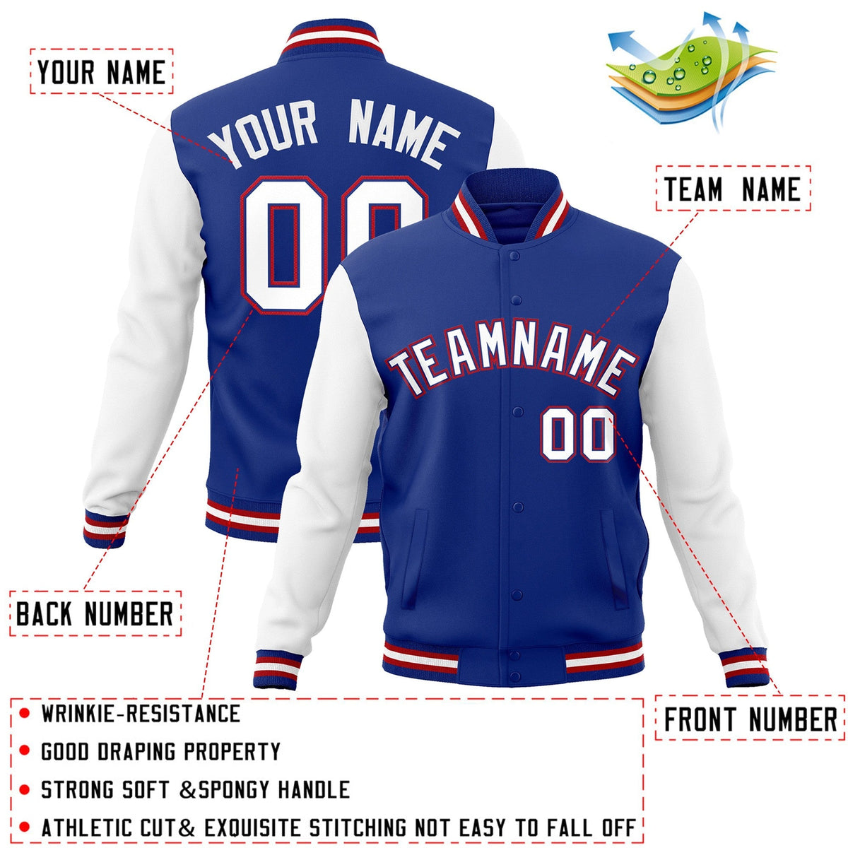 Custom Royal White-Royal Varsity Jacket Full-Snap Embroidered Logo & Name Letterman
