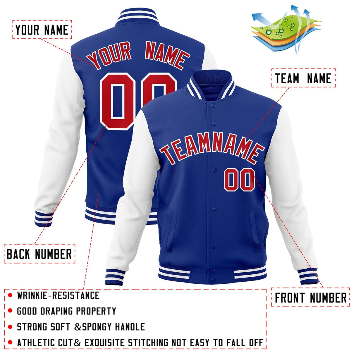 Custom Royal Red-White Varsity Jacket Full-Snap Embroidered Logo & Name Letterman