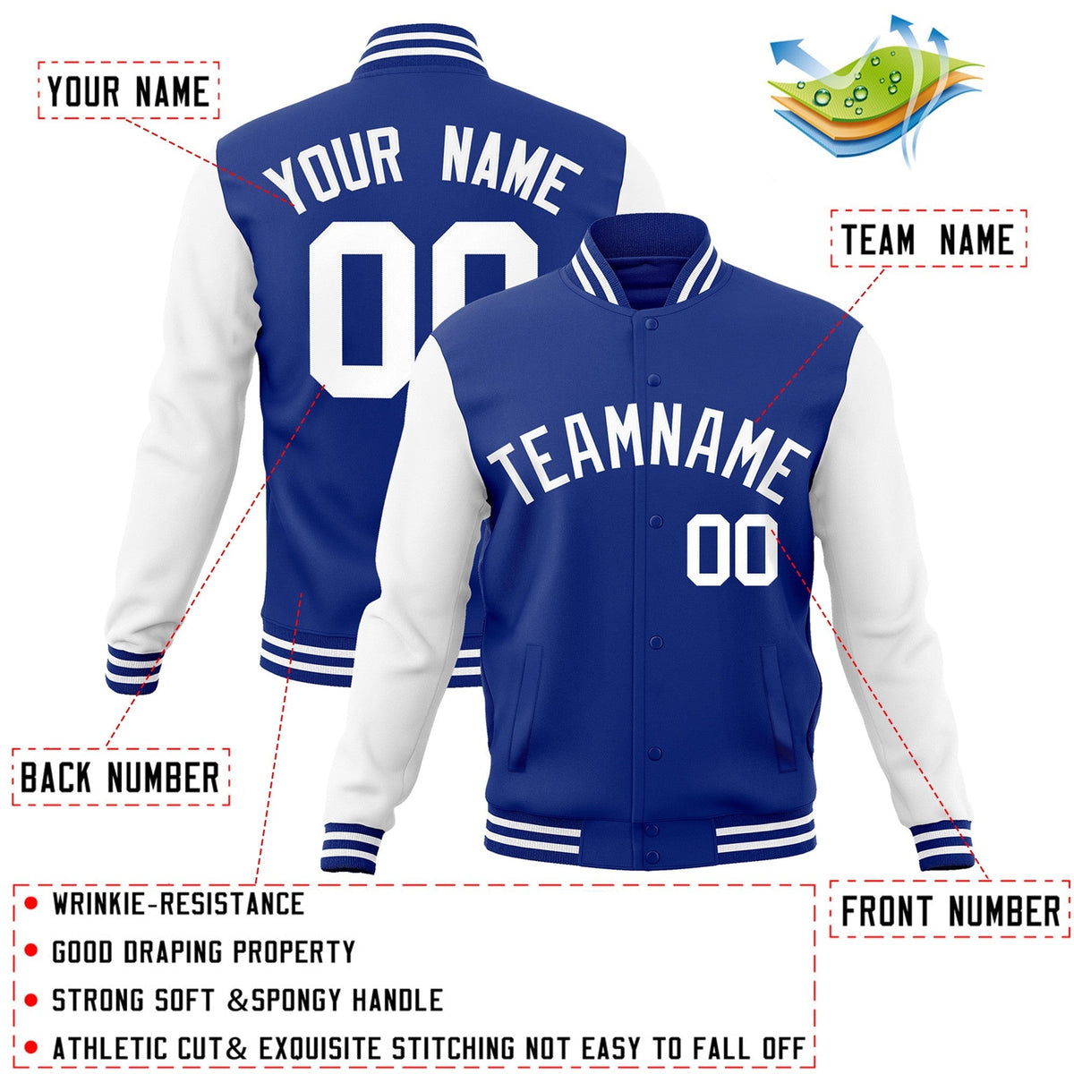 Custom Royal White Varsity Jacket Full-Snap Embroidered Logo & Name Letterman