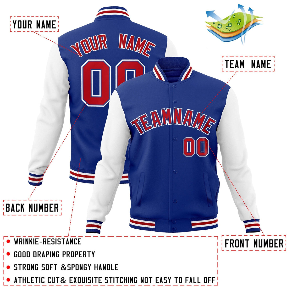 Custom Royal Red-Royal Varsity Jacket Full-Snap Embroidered Logo & Name Letterman