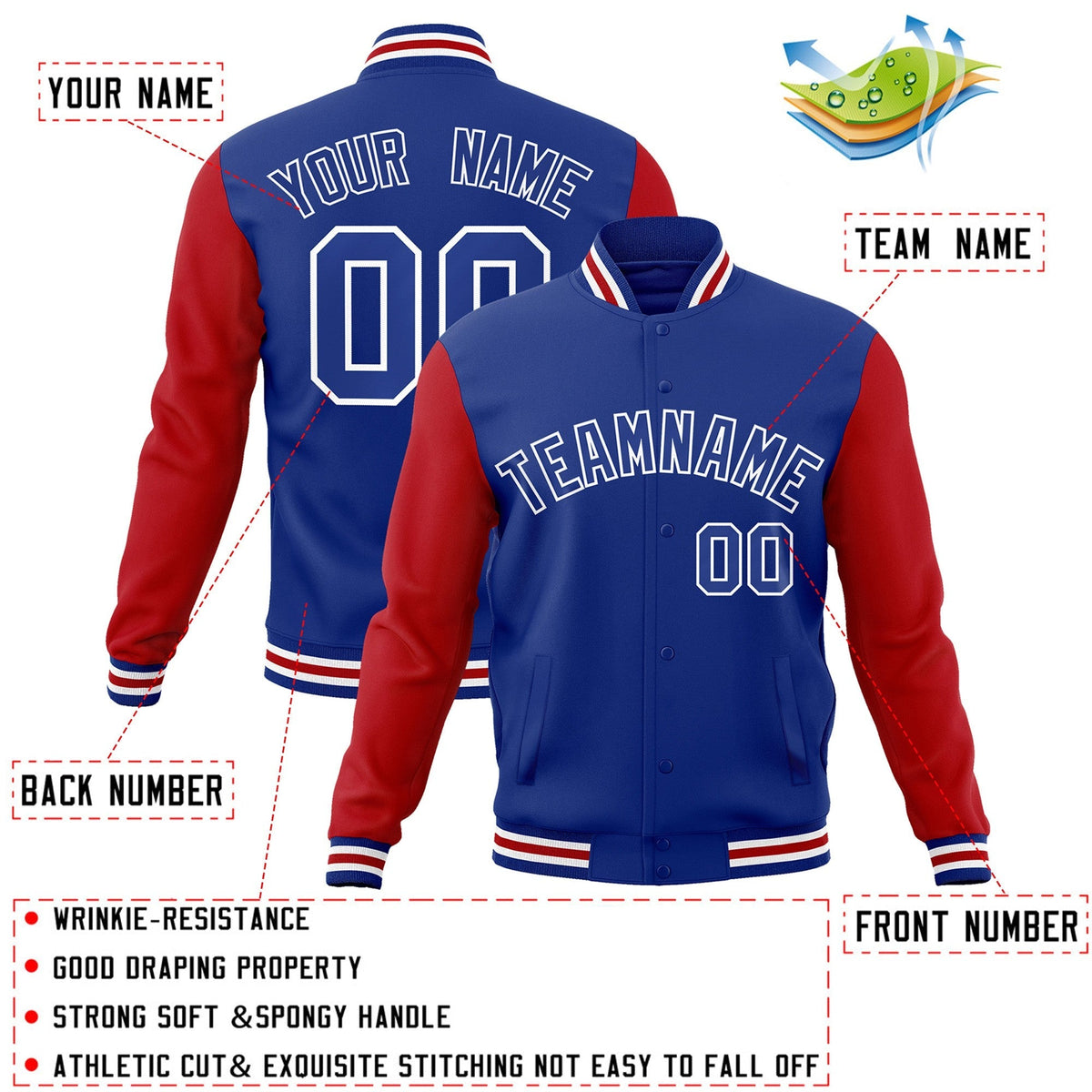 Custom Royal Royal-White Varsity Jacket Full-Snap Embroidered Logo & Name Letterman