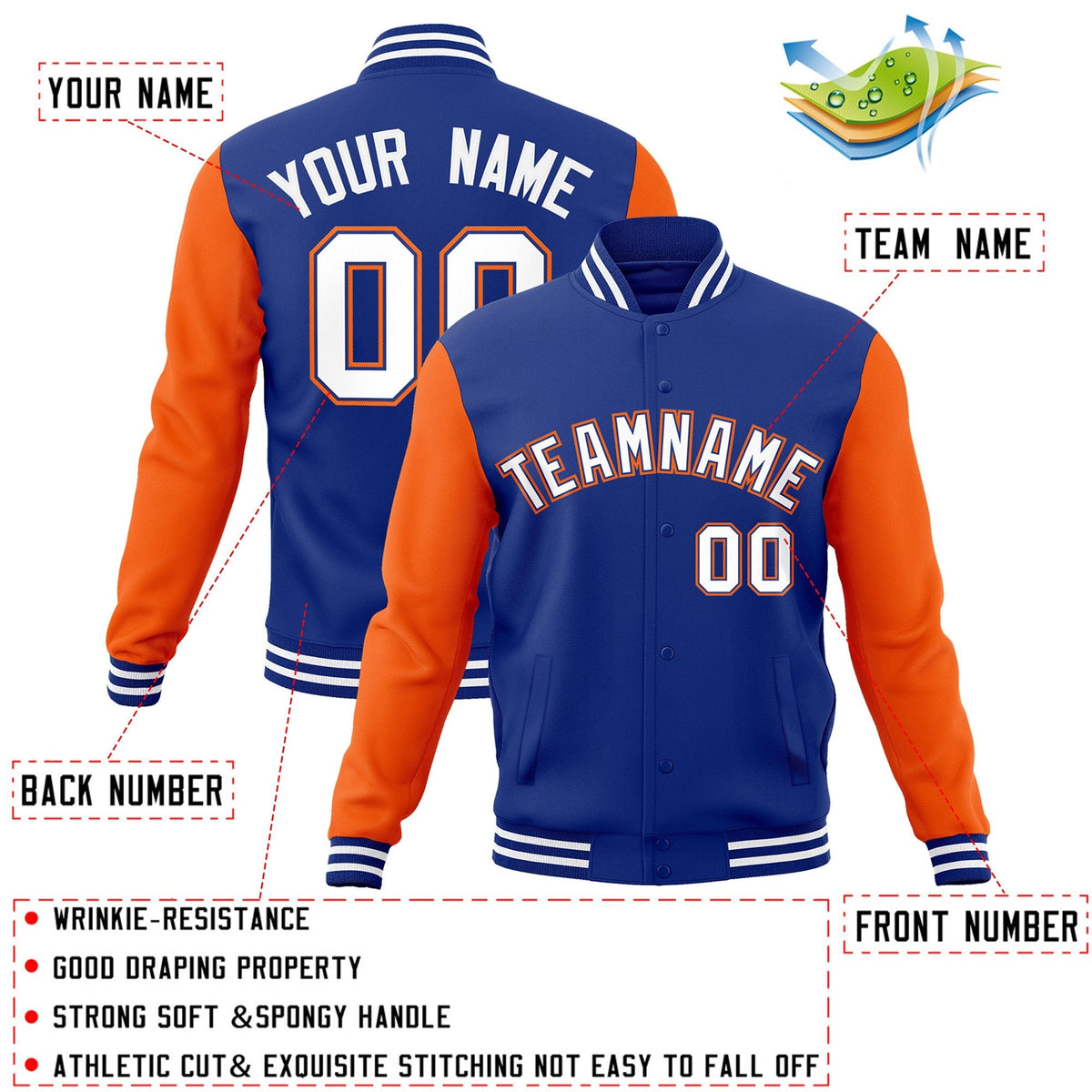 Custom Royal White-Royal Varsity Jacket Full-Snap Embroidered Logo & Name Letterman