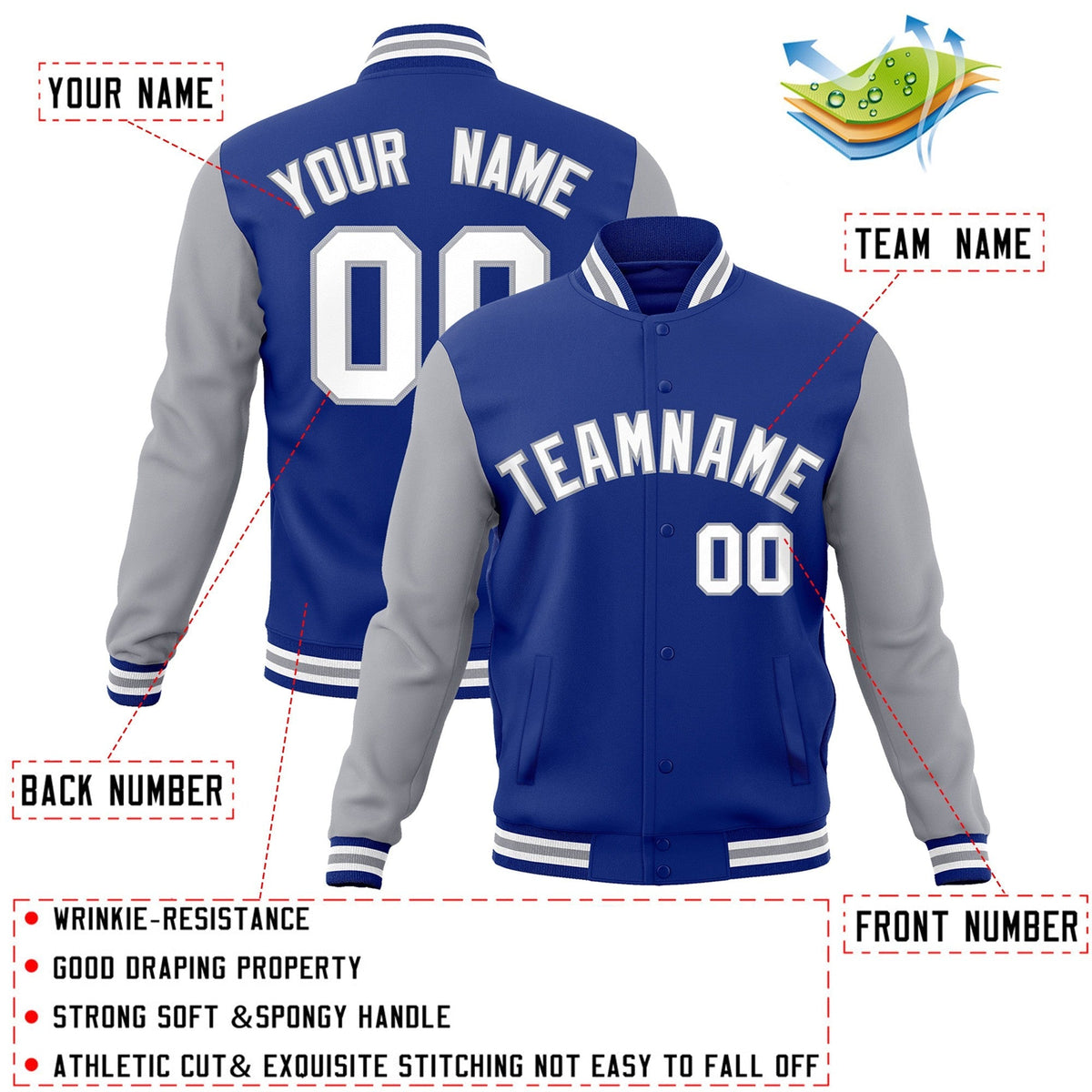 Custom Royal White-Gray Varsity Jacket Full-Snap Embroidered Logo & Name Letterman