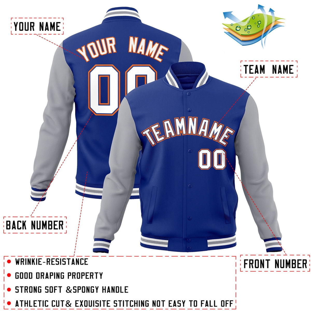 Custom Royal White-Royal Varsity Jacket Full-Snap Embroidered Logo & Name Letterman