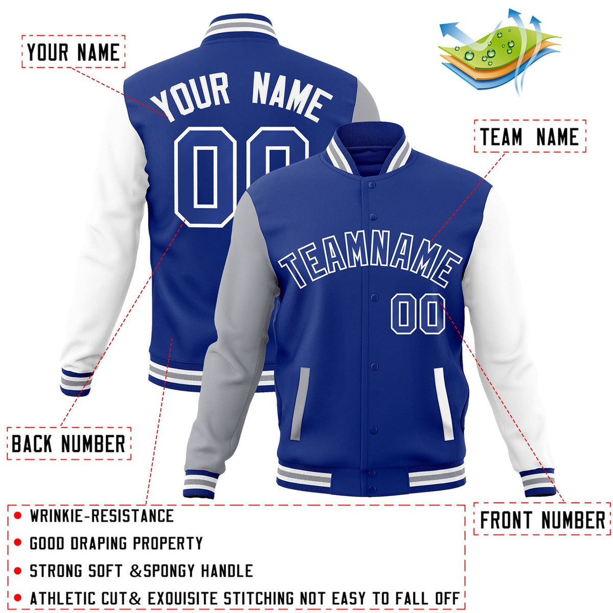 Custom Royal Royal-White Varsity Jacket Full-Snap Embroidered Logo & Name Letterman