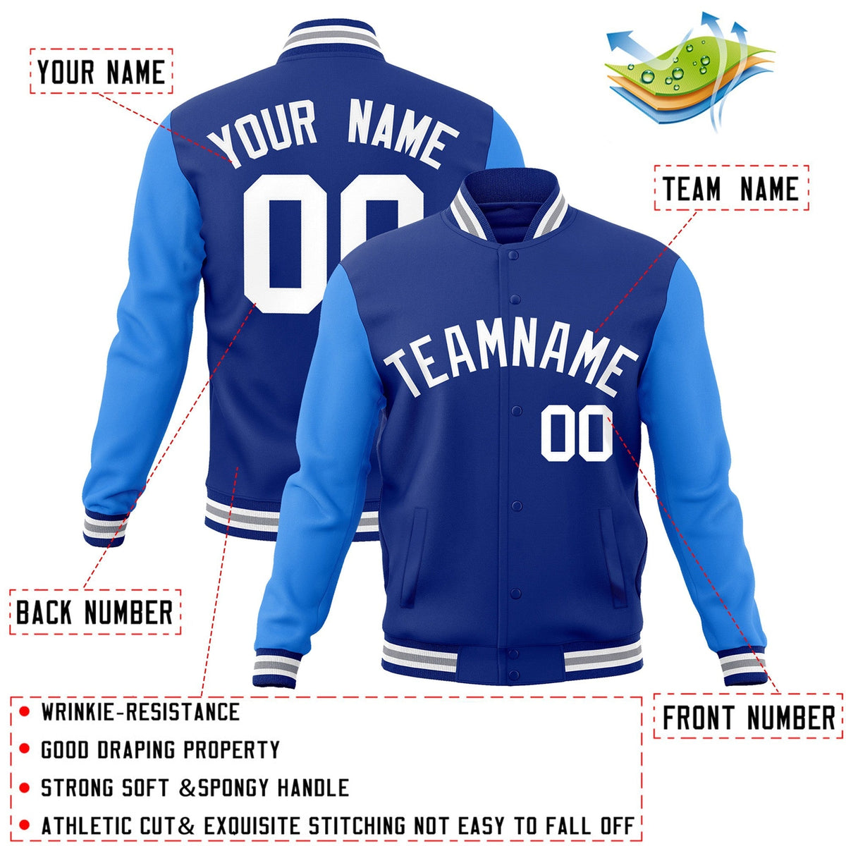 Custom Royal White Varsity Jacket Full-Snap Embroidered Logo & Name Letterman