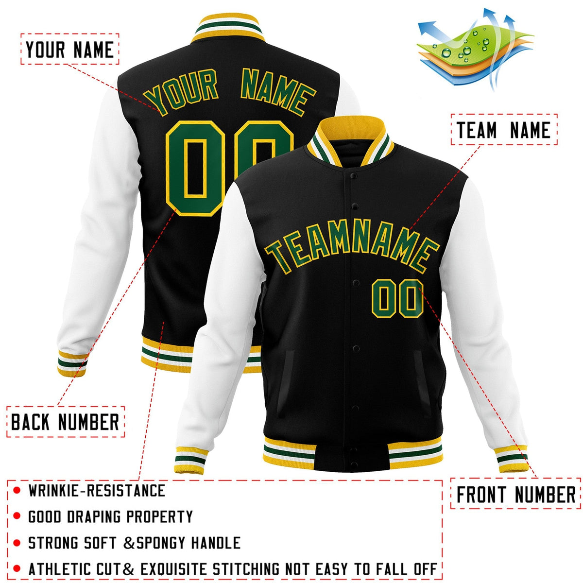 Custom Black Green-Gold Varsity Jacket Full-Snap Embroidered Logo & Name Letterman