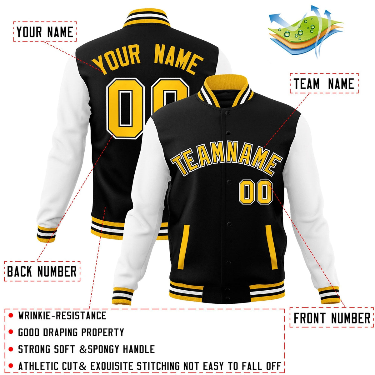 Custom Black Gold-Black Varsity Jacket Full-Snap Embroidered Logo & Name Letterman