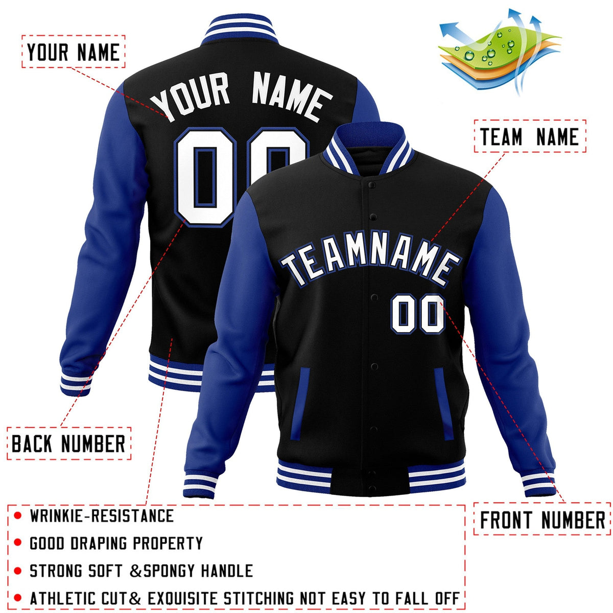 Custom Black White-Black Varsity Jacket Full-Snap Embroidered Logo & Name Letterman