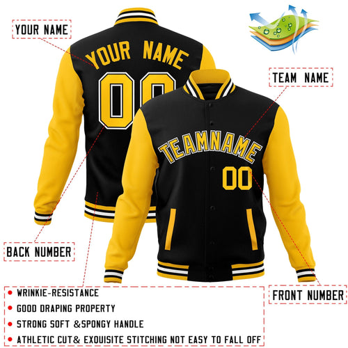 Custom Black Gold-Black Varsity Jacket Full-Snap Embroidered Logo & Name Letterman