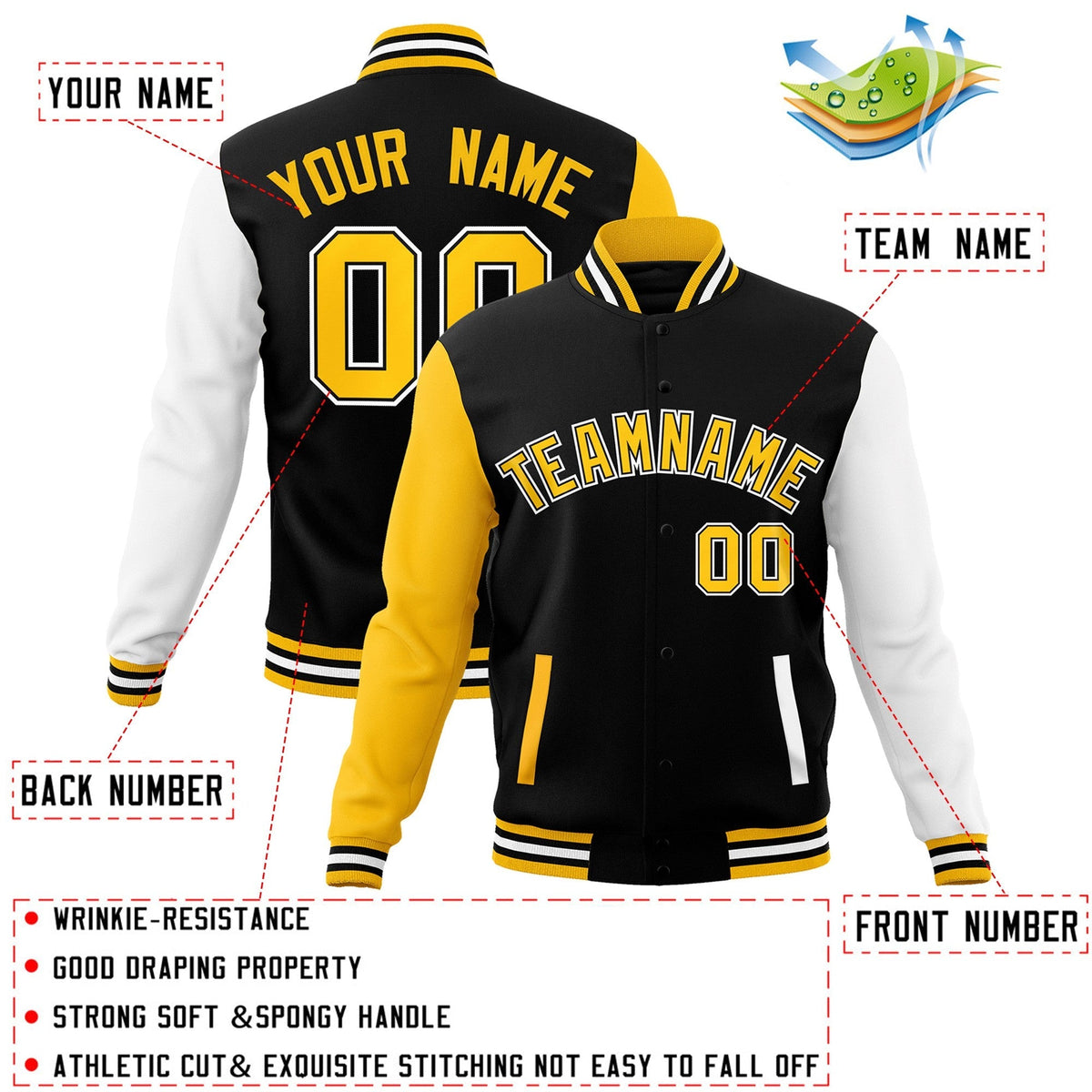 Custom Black Gold-Black Varsity Jacket Full-Snap Embroidered Logo & Name Letterman