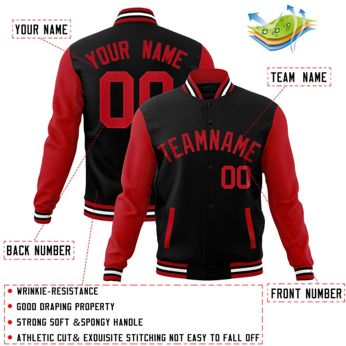 Custom Black Red Varsity Jacket Full-Snap Embroidered Logo & Name Letterman