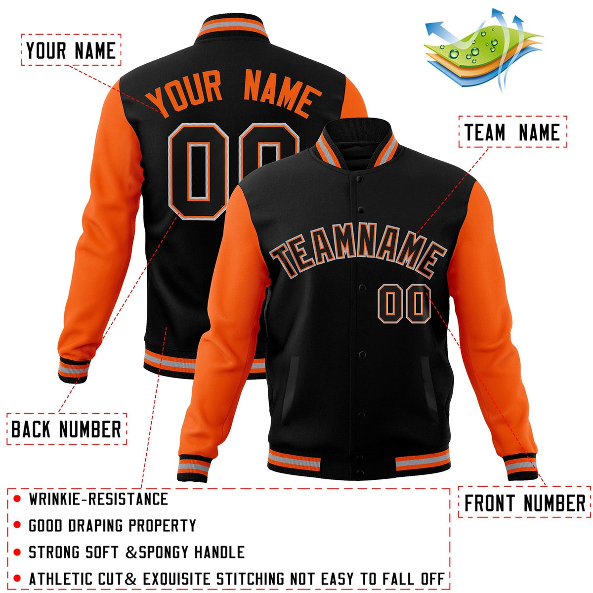 Custom Black Black-Orange Varsity Jacket Full-Snap Embroidered Logo & Name Letterman