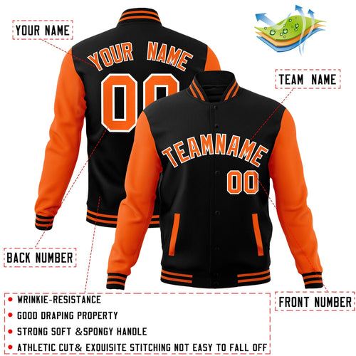 Custom Black Orange-White Varsity Jacket Full-Snap Embroidered Logo & Name Letterman