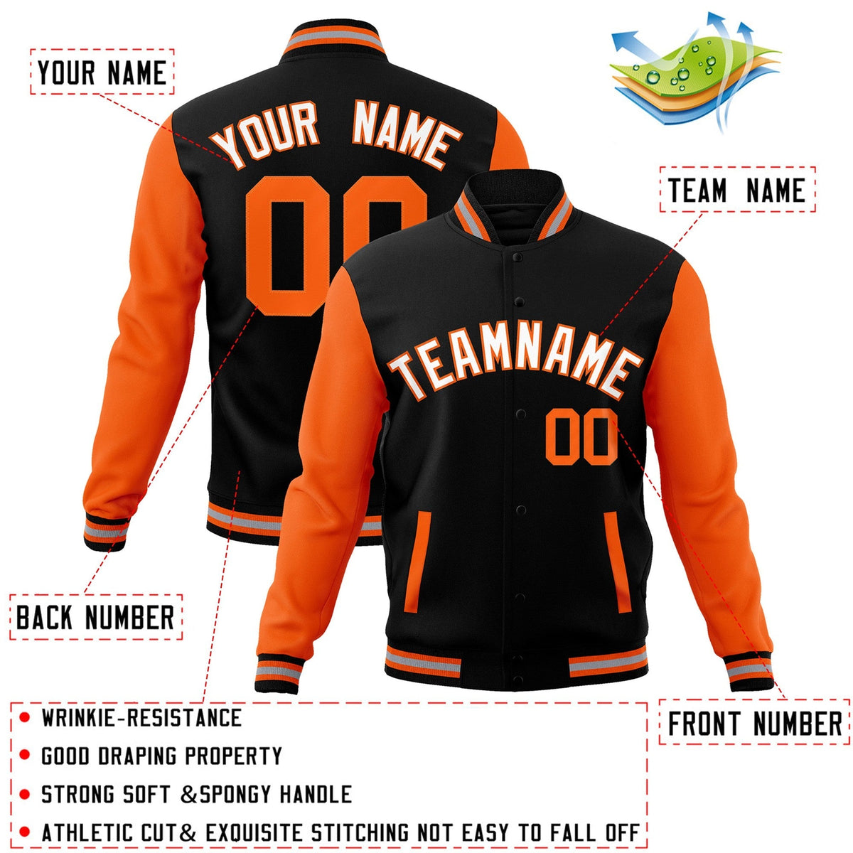 Custom Black White-Orange Varsity Jacket Full-Snap Embroidered Logo & Name Letterman