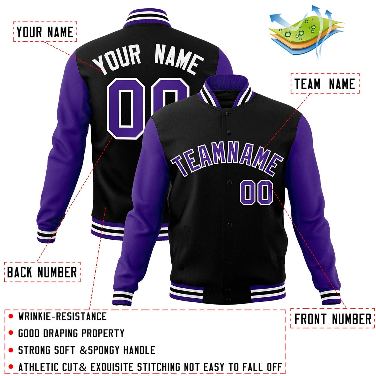 Custom Black Purple-White Varsity Jacket Full-Snap Embroidered Logo & Name Letterman