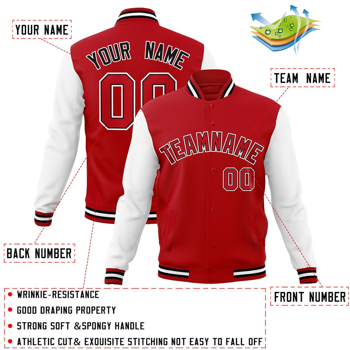 Custom Red Red-Black Varsity Jacket Full-Snap Embroidered Logo & Name Letterman