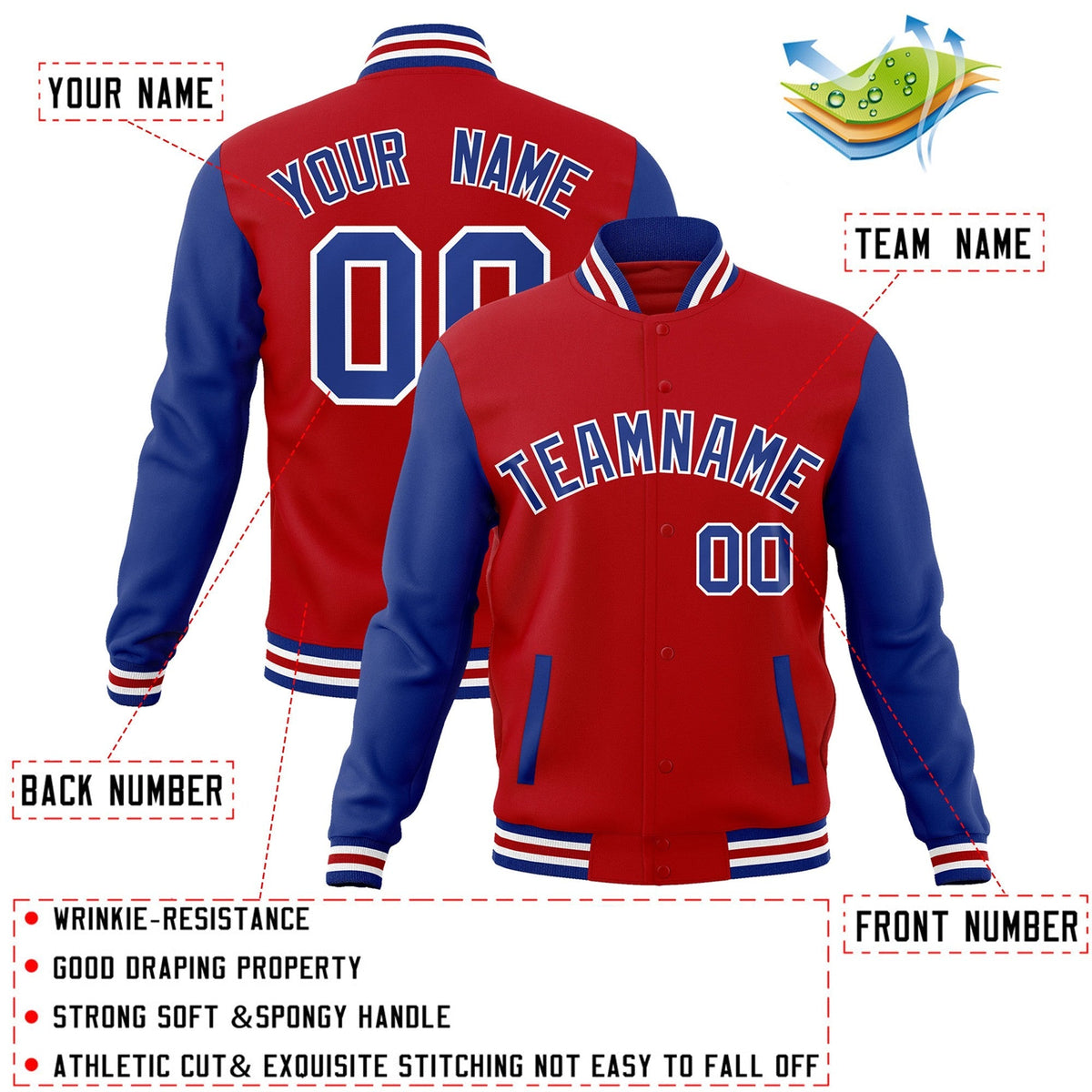 Custom Red Royal-White Varsity Jacket Full-Snap Embroidered Logo & Name Letterman
