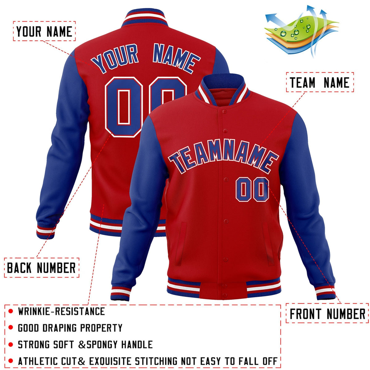Custom Red Royal-Red Varsity Jacket Full-Snap Embroidered Logo & Name Letterman