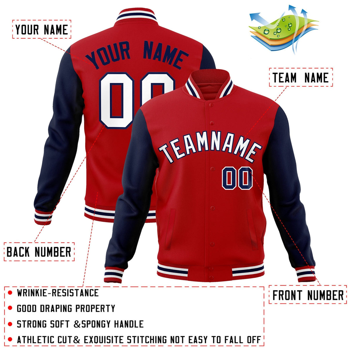 Custom Red White-Navy Varsity Jacket Full-Snap Embroidered Logo & Name Letterman