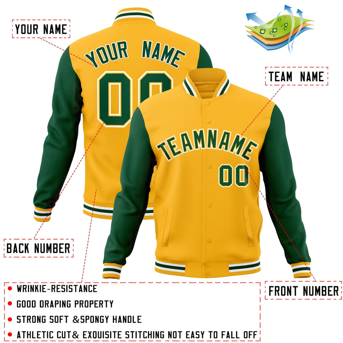 Custom Gold Green-Gold Varsity Jacket Full-Snap Embroidered Logo & Name Letterman