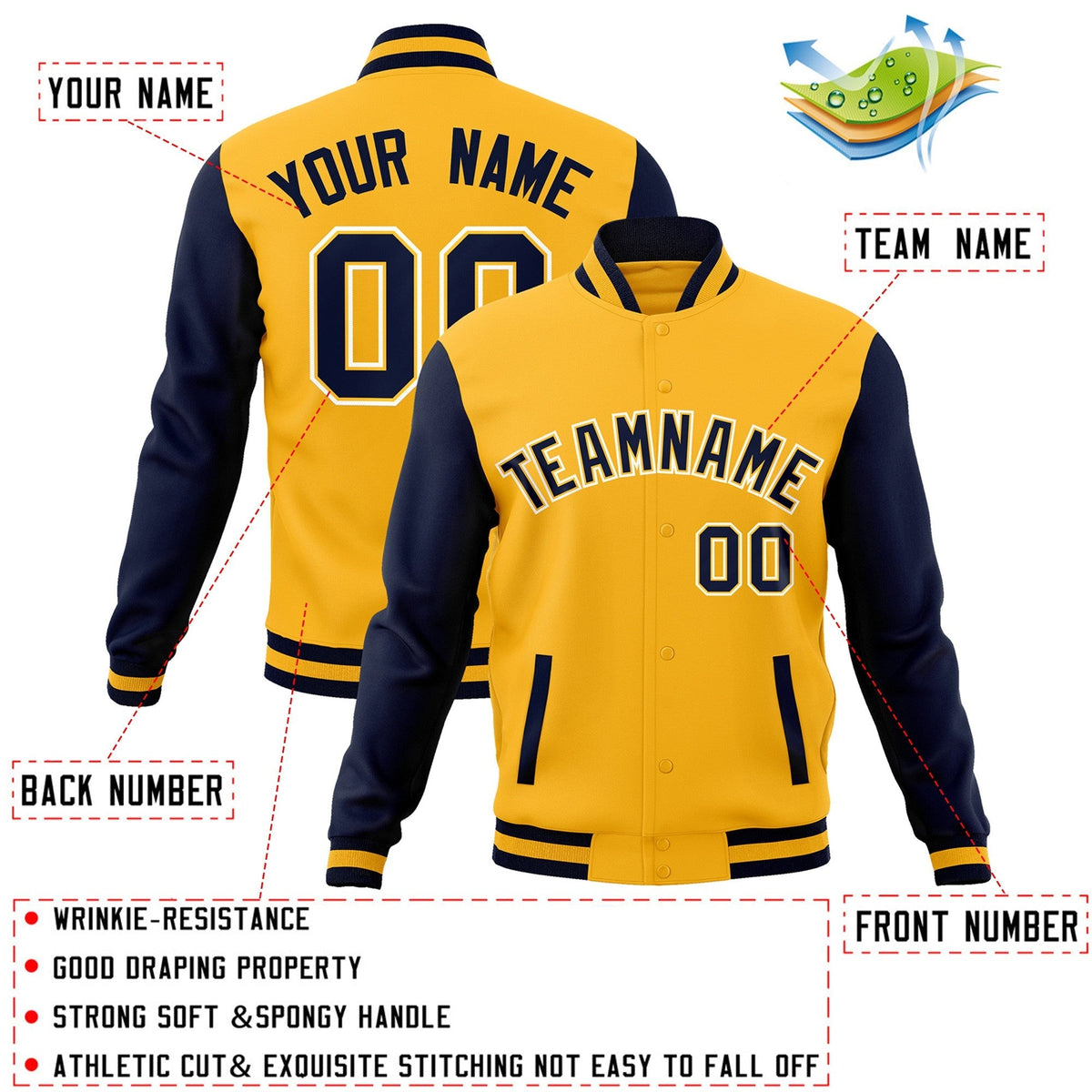 Custom Gold Navy-Gold Varsity Jacket Full-Snap Embroidered Logo & Name Letterman