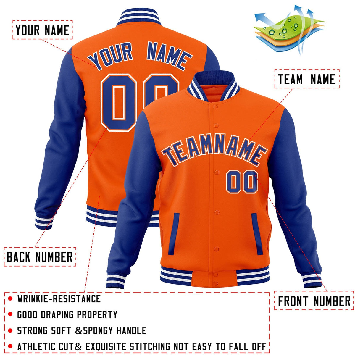 Custom Orange Royal-Orange Varsity Jacket Full-Snap Embroidered Logo & Name Letterman