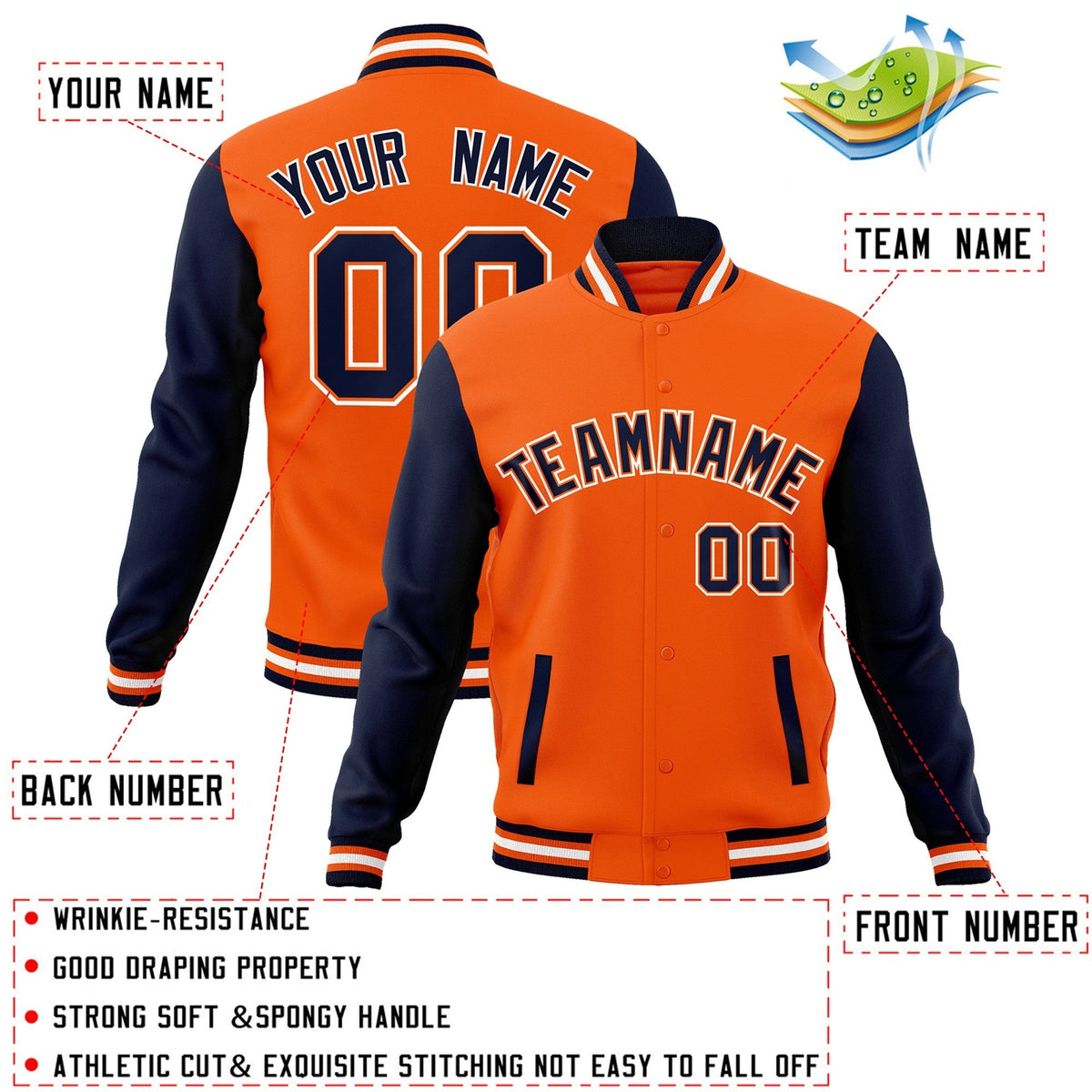 Custom Orange Navy-Orange Varsity Jacket Full-Snap Embroidered Logo & Name Letterman