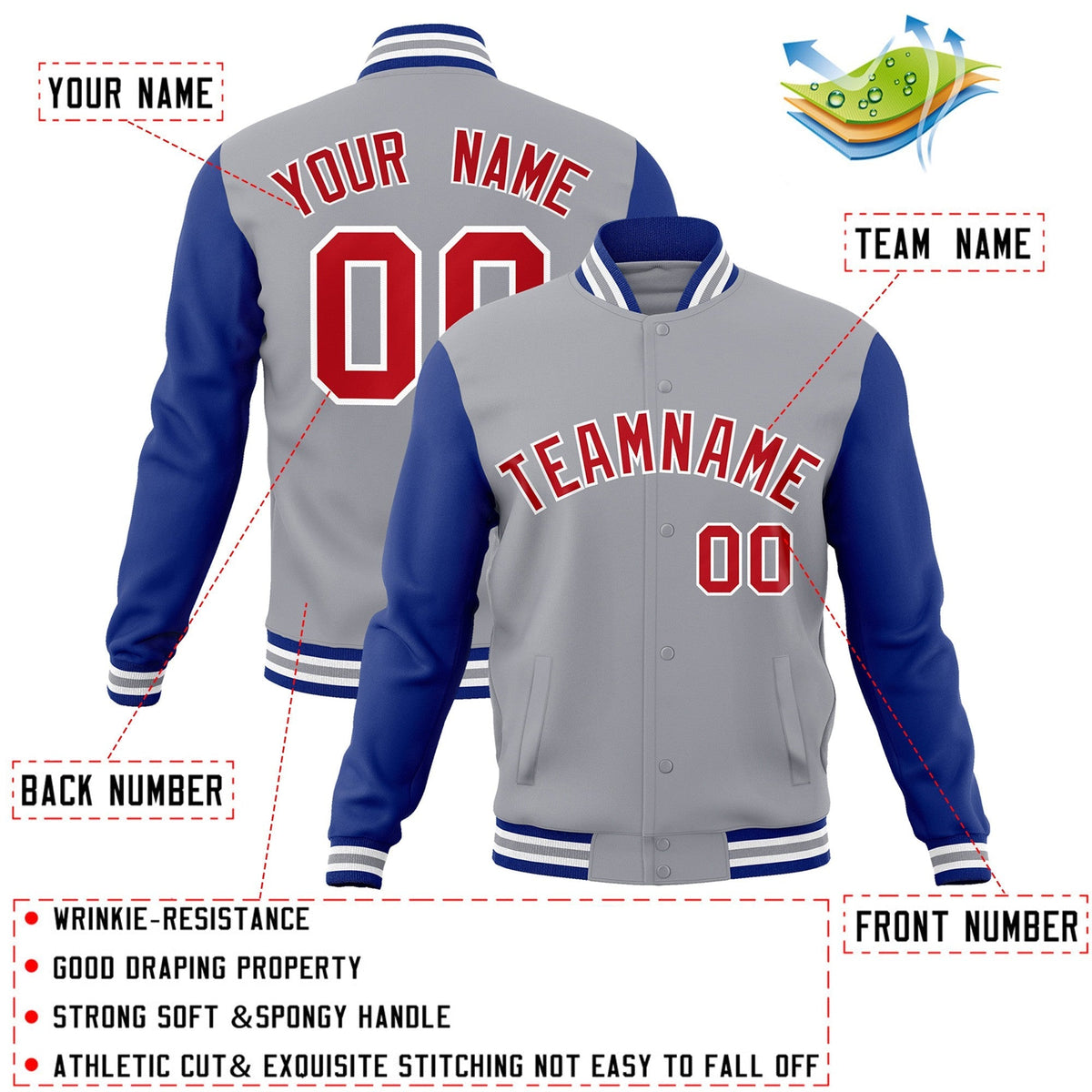 Custom Gray Red-White Varsity Jacket Full-Snap Embroidered Logo & Name Letterman