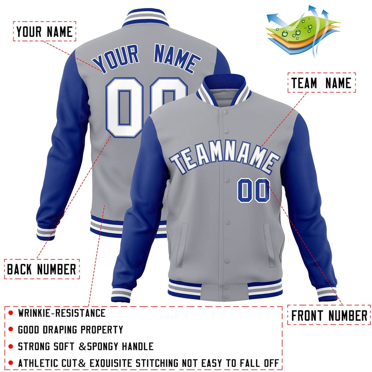 Custom Gray White-Gray Varsity Jacket Full-Snap Embroidered Logo & Name Letterman