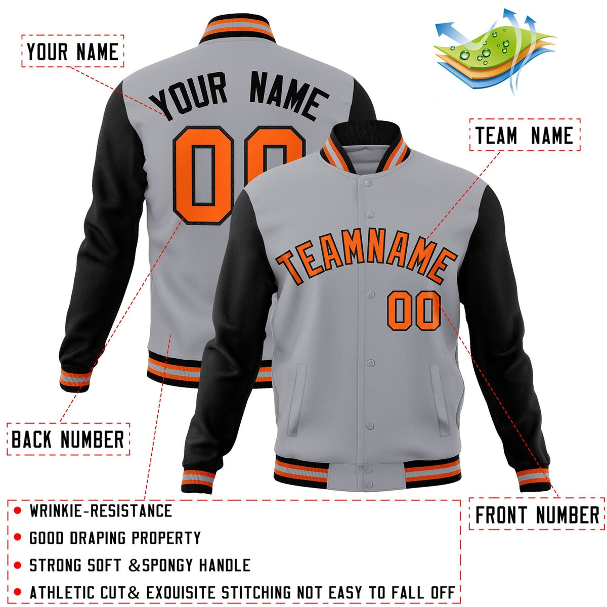 Custom Gray Orange-Black Varsity Jacket Full-Snap Embroidered Logo & Name Letterman