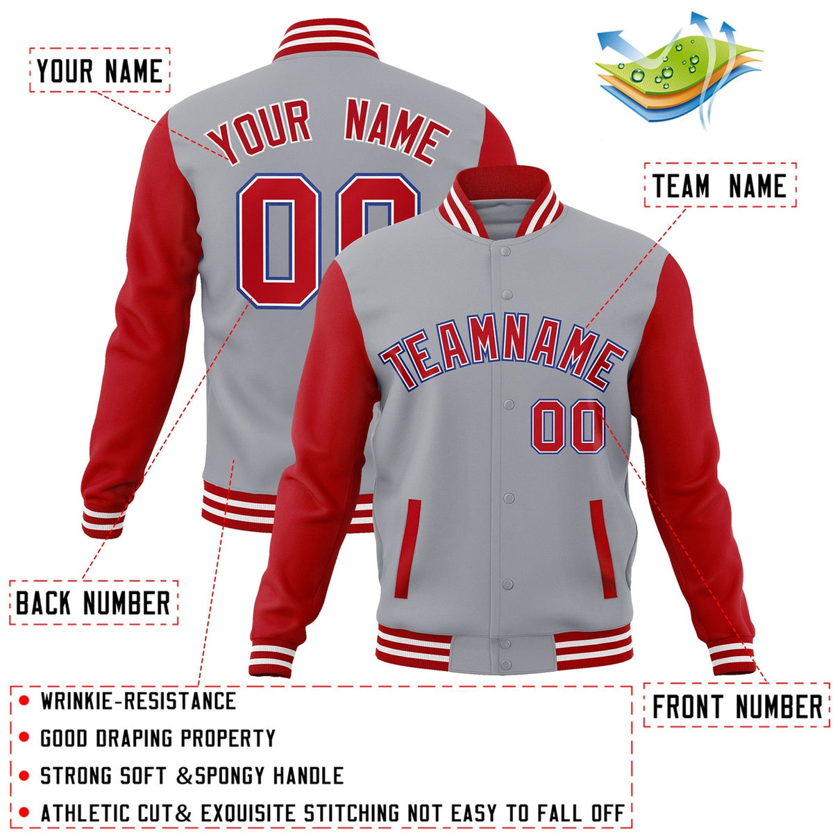 Custom Gray Red-White Varsity Jacket Full-Snap Embroidered Logo & Name Letterman