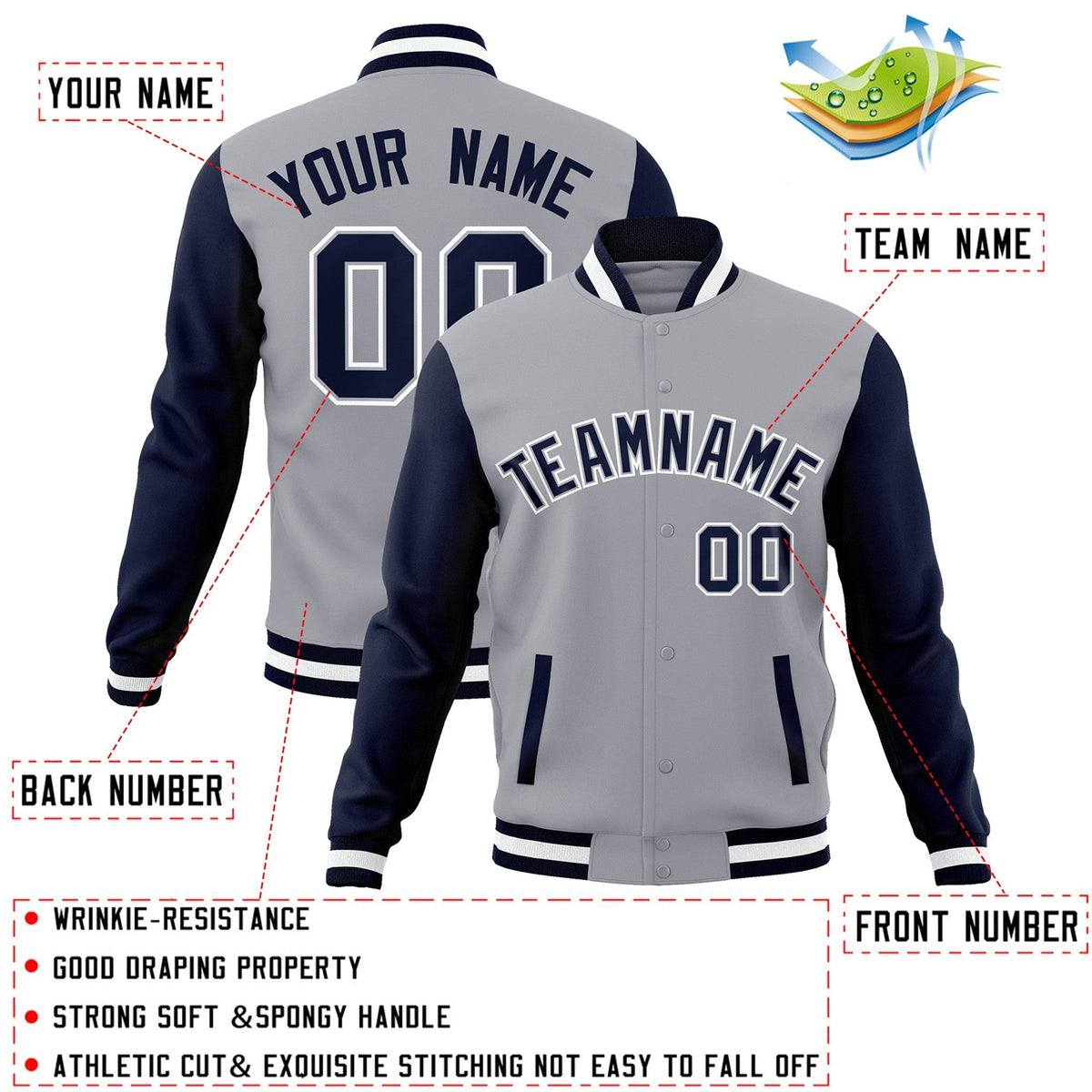 Custom Gray Navy-Gray Varsity Jacket Full-Snap Embroidered Logo & Name Letterman