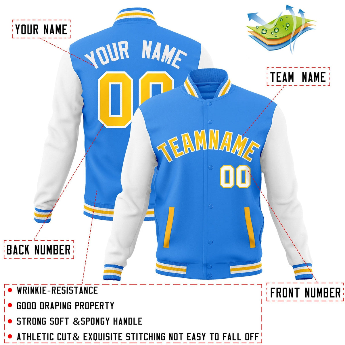 Custom Powder Blue Gold-White Varsity Jacket Full-Snap Embroidered Logo & Name Letterman