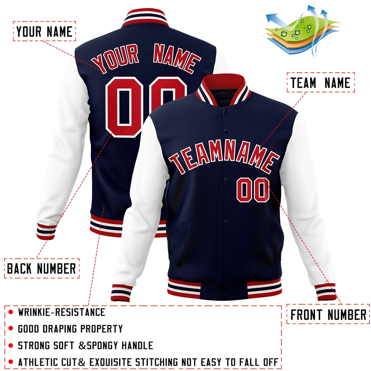 Custom Navy Red-White Varsity Jacket Full-Snap Embroidered Logo & Name Letterman