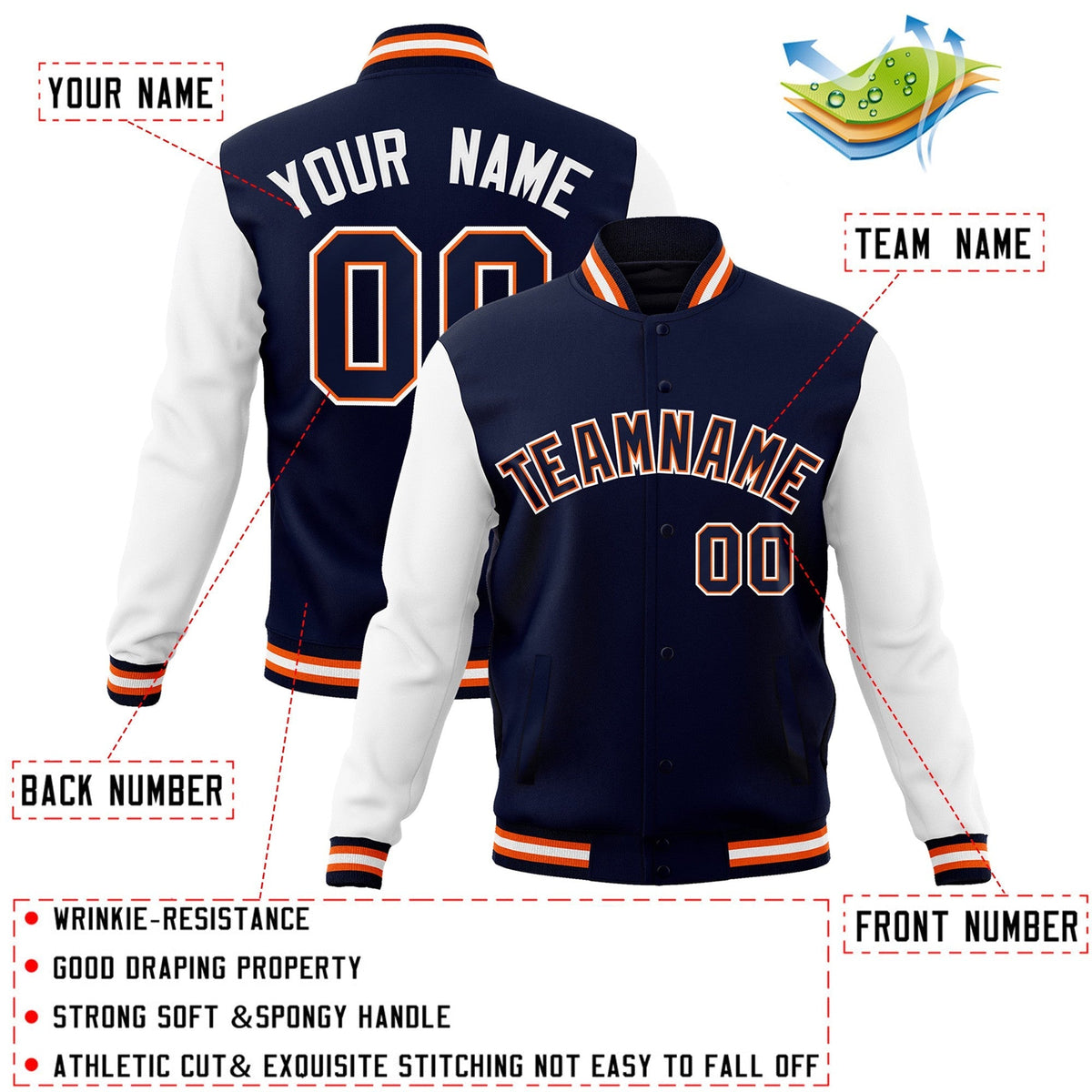 Custom Navy Navy-Orange Varsity Jacket Full-Snap Embroidered Logo & Name Letterman
