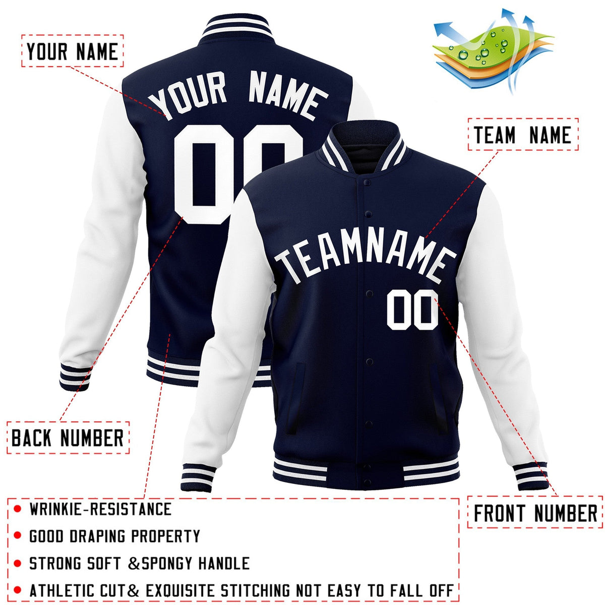 Custom Navy White Varsity Jacket Full-Snap Embroidered Logo & Name Letterman