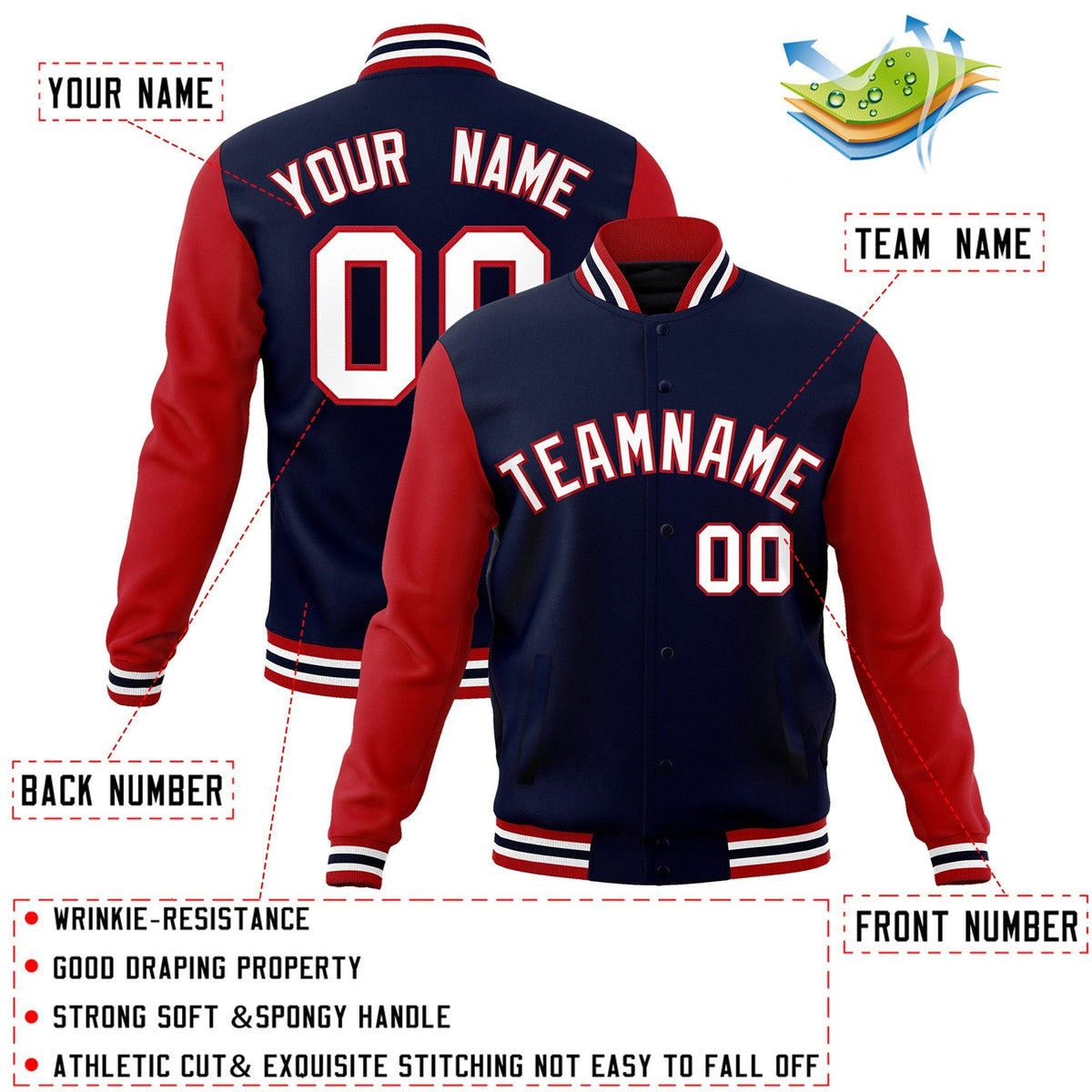 Custom Navy White-Red Varsity Jacket Full-Snap Embroidered Logo & Name Letterman