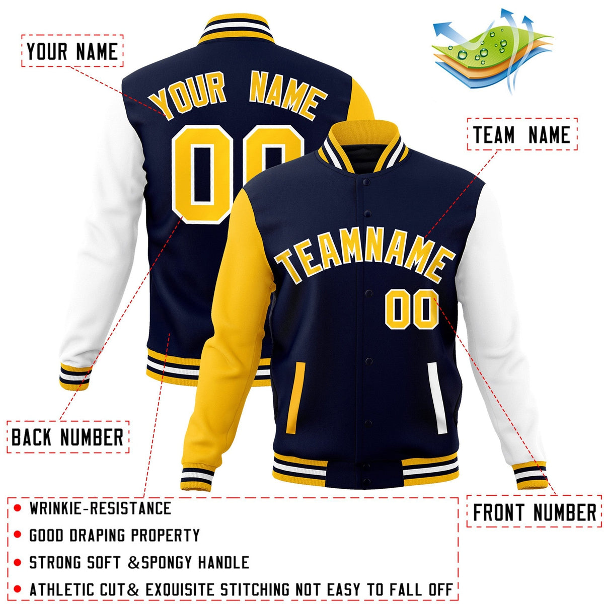 Custom Navy Gold-White Varsity Jacket Full-Snap Embroidered Logo & Name Letterman