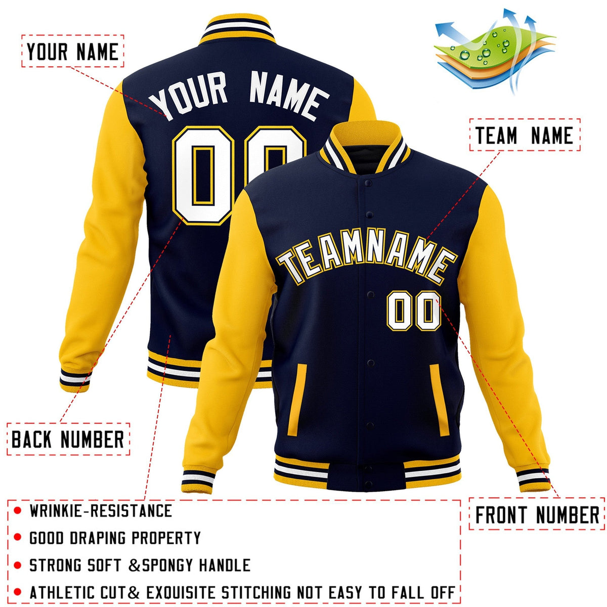 Custom Navy White-Navy Varsity Jacket Full-Snap Embroidered Logo & Name Letterman